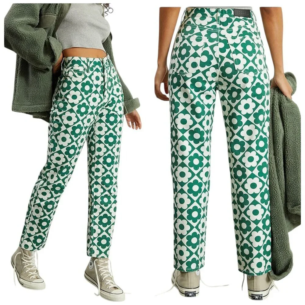 PacSun Green White Daisy High Rise Straight Leg Jeans Size 23